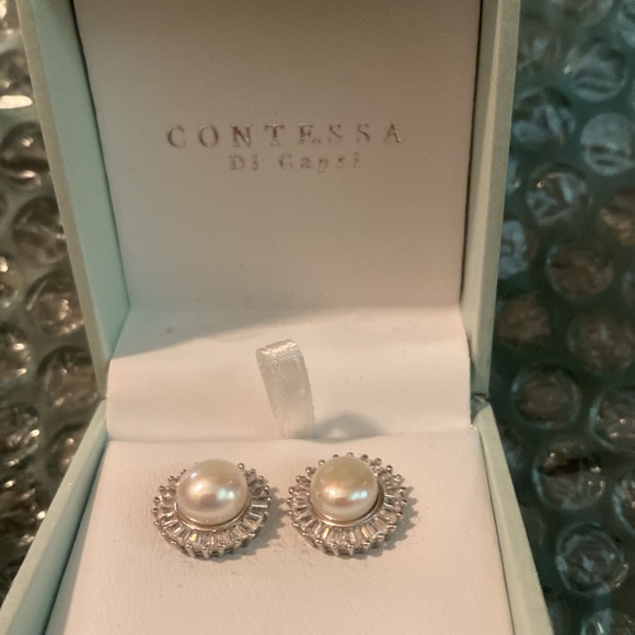 NWT/Box sterling, silver pearl and crystal earrings - Picture 2 of 4